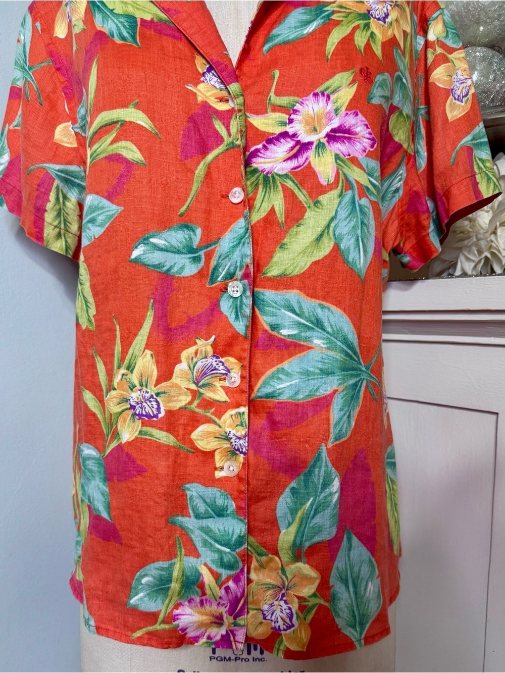 Lauren Ralph Lauren 100% Linen Tropical Hawaiian Button Down Shirt Womens Large - Picture 5 of 10